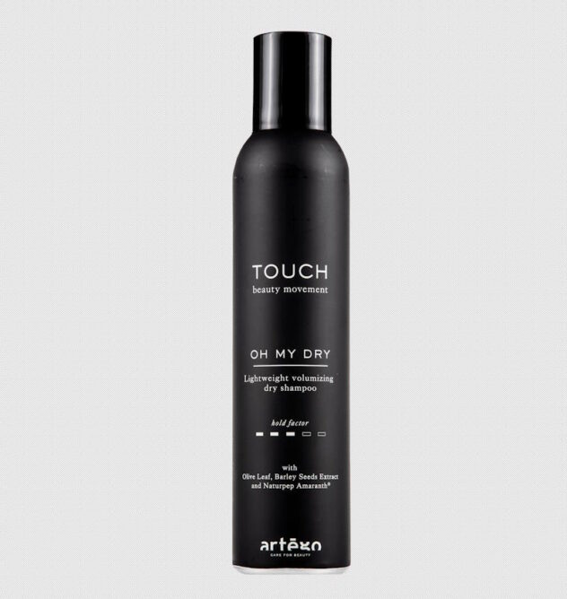 Touch Oh My Dry Shampoo spray bottle refreshing hair, absorbing oil, and adding volume between washes.