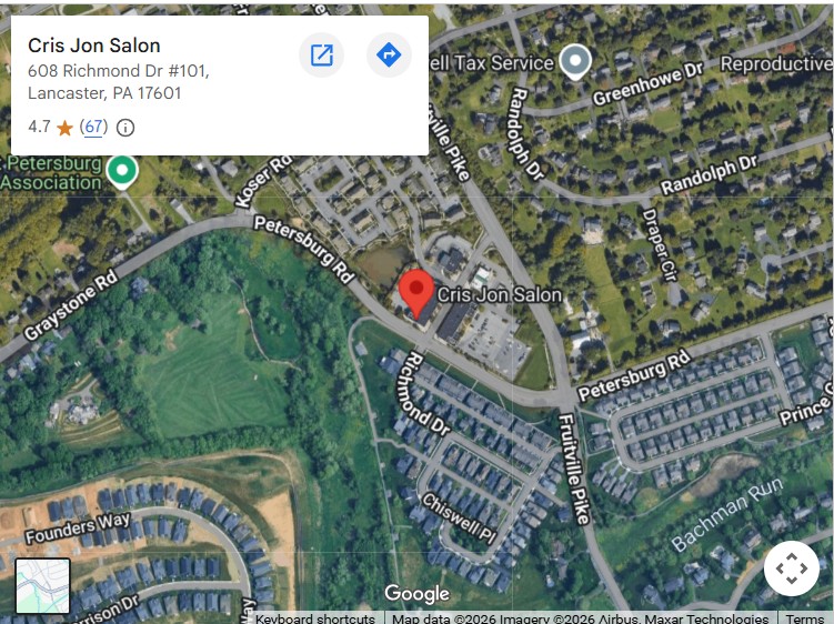 Google Map showing Cris Jon Salon location in Lancaster PA with directions, nearby streets, and local landmarks